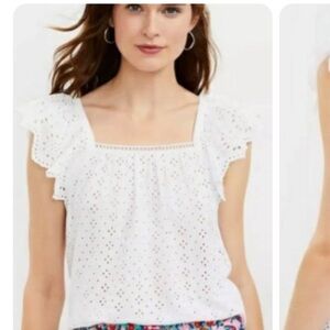 Dainty ruffle tank in white eyelet fabric.